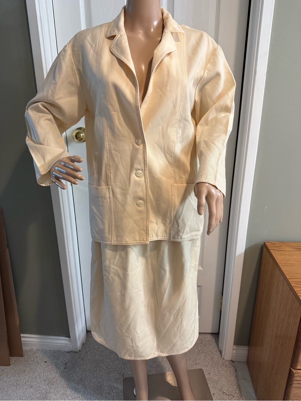 Vintage 70s Geoffrey Beene Beenebag 2 Piece Set Jacket Skirt S Wool Light Yellow